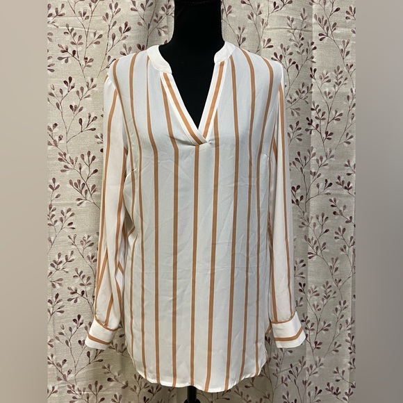 New York & Company Tops - New York & Company - Striped V-Neck Long Sleeve Pullover Blouse